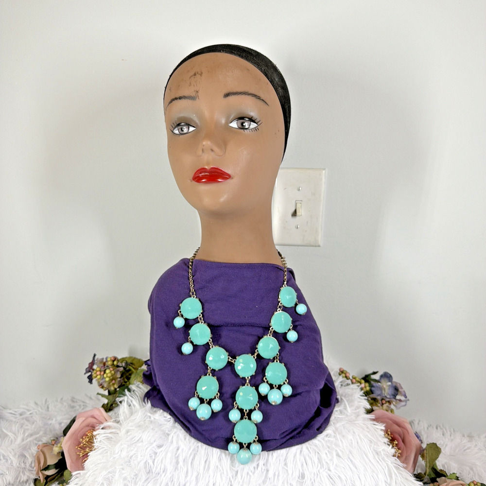 Turquoise Blue Beaded Statement Necklace Gold Tone Chain Bib Dangle Boho